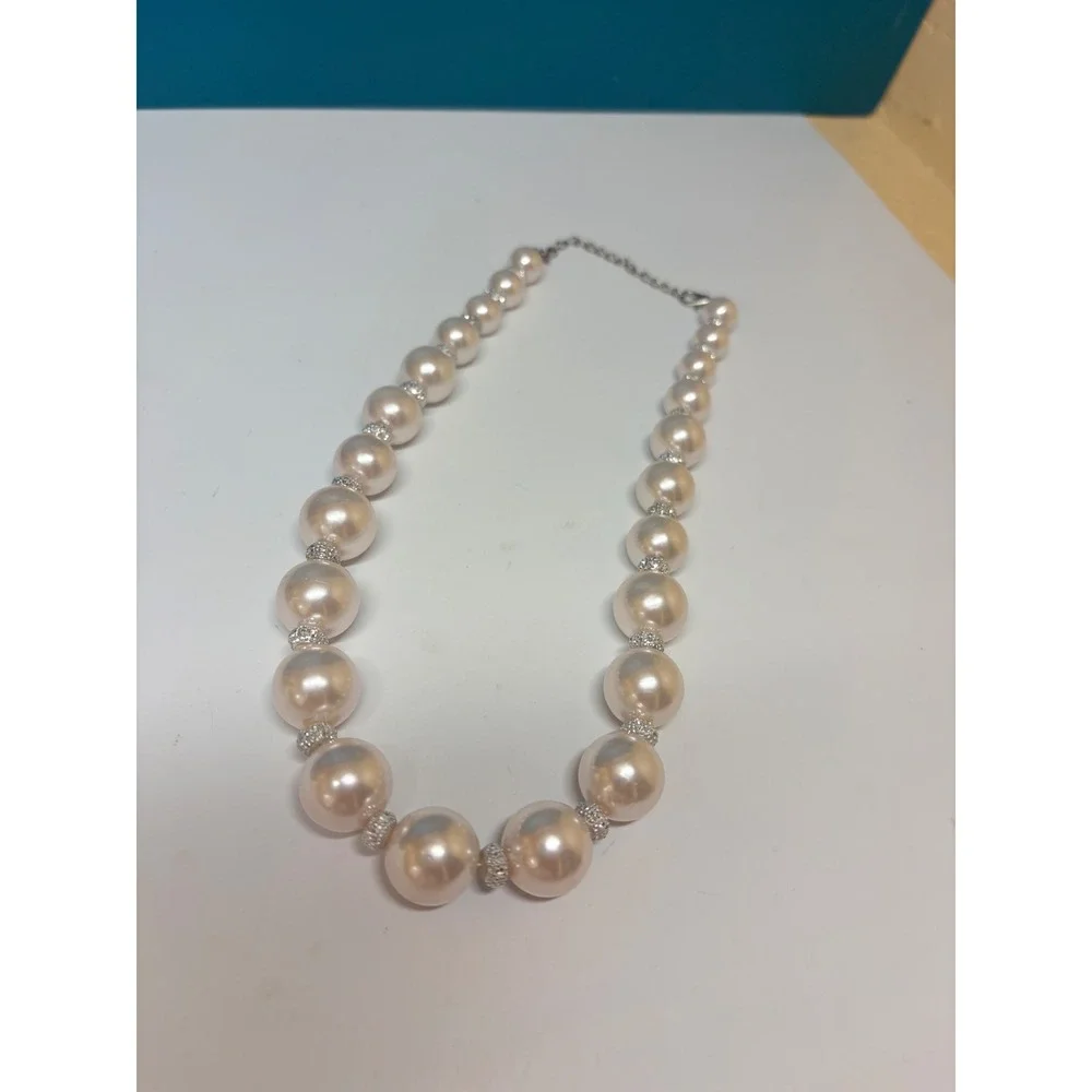Cream Graduated Faux Pearl Statement Necklace with Crystal Spacers Silver Tone